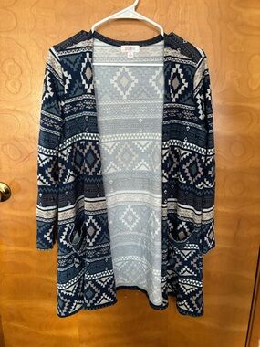 Women’s Open-Front Aztec Knit Cardigan Sweater - Navy and Cream Lularoe